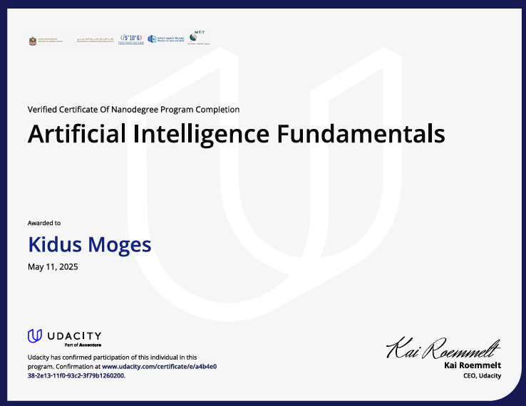 Udacity Artificial Intelligence Fundamentals Certificate Layout